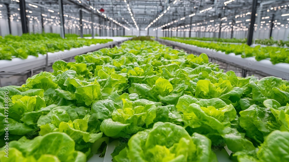 Scientists cultivate organic lettuce using advanced technology and automation in a modern agricultural greenhouse Scientists cultivate organic lettuce using advanced technology and automation in a modern agricultural greenhouse