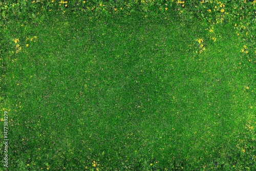 Lush green grass field with scattered yellow flowers.  Dense, textured, and vibrant.  Natural background