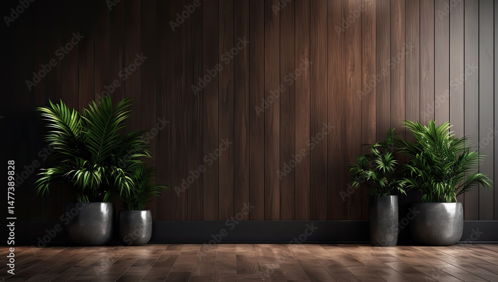 Fototapeta premium Dark wood wall, plants in grey pots, minimalist room