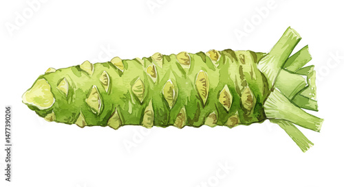 Watercolor Illustration Of A Vibrant Green Wasabi Root Showcasing Its Textured Surface And Bulbous Shape Against A Clean White Backdrop In A Fresh And Appetizing Style