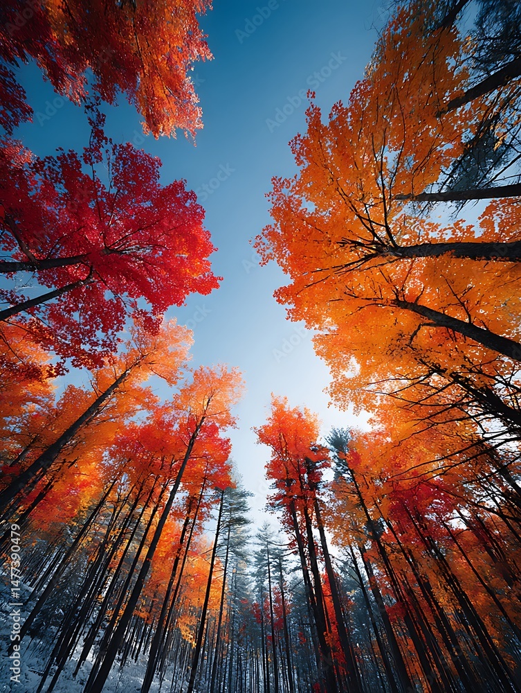 Obraz premium Looking Upward Through Trees With Autumn Colored Leaves