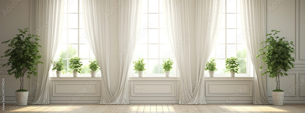 Fototapeta premium Classic white room with triple windows and potted plants