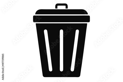 Solid Black Trash Can Icon with Lid and Handle, Simple Vector Image