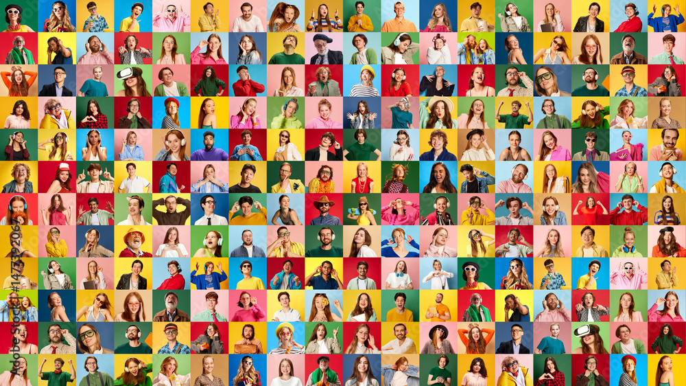 Naklejka premium Large group of people of various races and styles expressing joy, amazement and fun over vivid colored squares. Concept of emotional connection, diversity, team energy and cultural vibrancy.