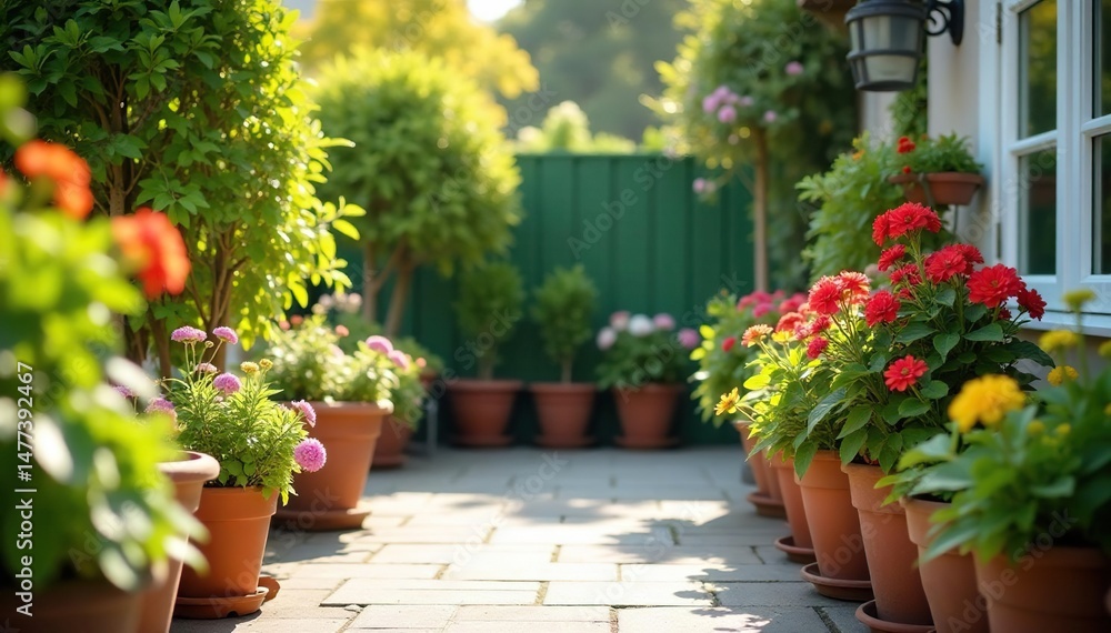 Fototapeta premium Vibrant potted plants adding life to a sunny patio , blossom, gardening, greenery