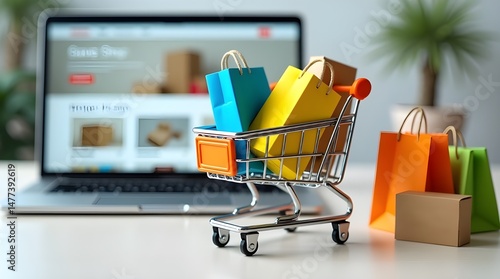 Online Shopping Experience Laptop with Shopping Cart and Bags
