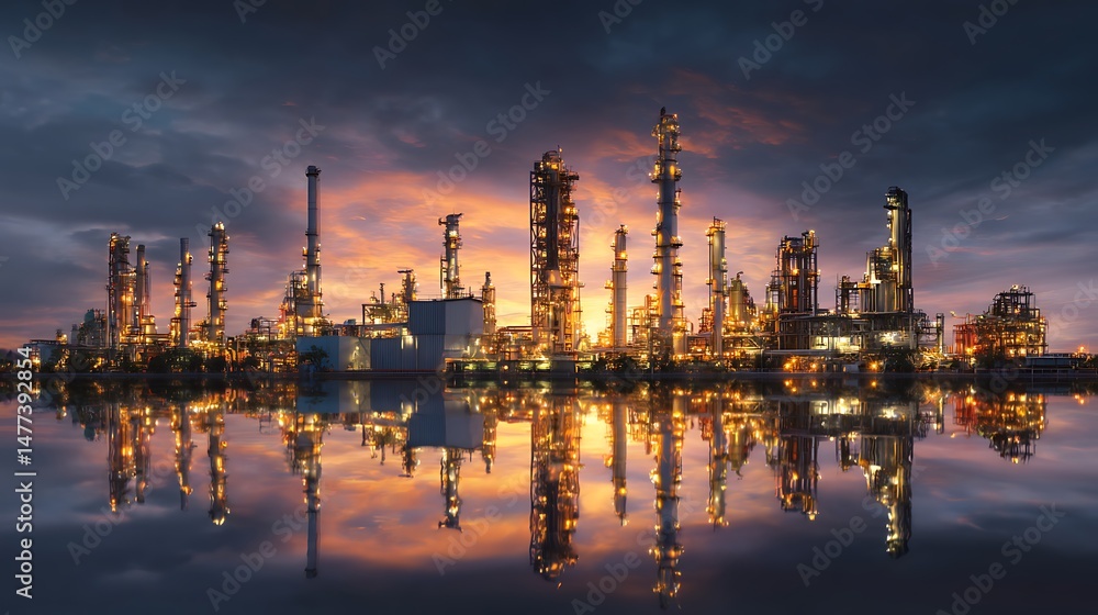 Refinery plant at twilight with reflection in water, 3d render, oil refinery plant for crude oil industry in evening twilight, energy industrial machine for petroleum gas production background Refinery plant at twilight with reflection in water, 3d render, oil refinery plant for crude oil industry in evening twilight, energy industrial machine for petroleum gas production background