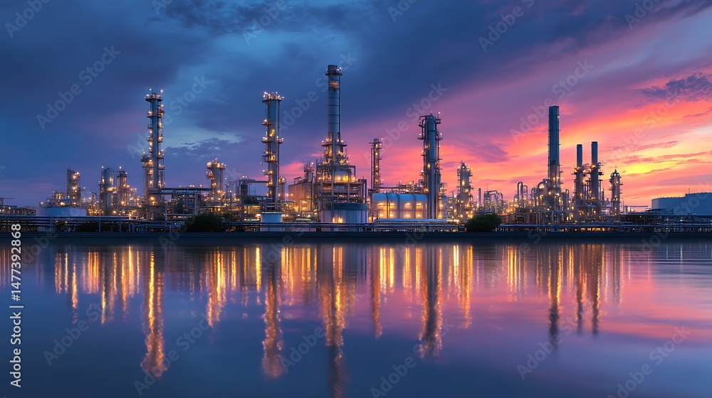 Refinery plant at twilight with reflection in water, 3d render, oil refinery plant for crude oil industry in evening twilight, energy industrial machine for petroleum gas production background Refinery plant at twilight with reflection in water, 3d render, oil refinery plant for crude oil industry in evening twilight, energy industrial machine for petroleum gas production background