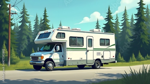 Wallpaper Mural White RV on a Road Through a Forest Torontodigital.ca