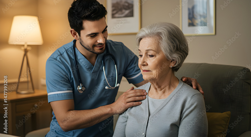 Obraz premium Compassionate Caregiver Comforting Elderly Woman at Home