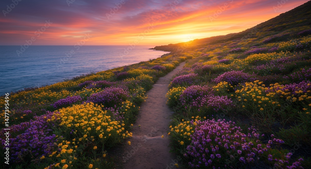 Fototapeta premium Coastal Path at Sunset with Yellow and Purple Flowers