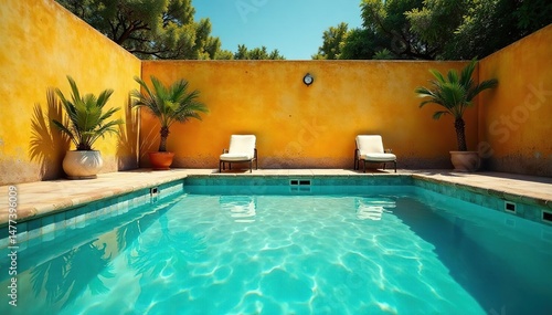 Sun-drenched vintage pool scene, inviting turquoise water, weathered tile, retro style , summertime, water, architecture