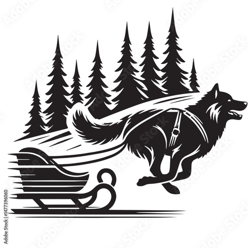 Dog Sledding  Silhouette line art vector illustration on white background