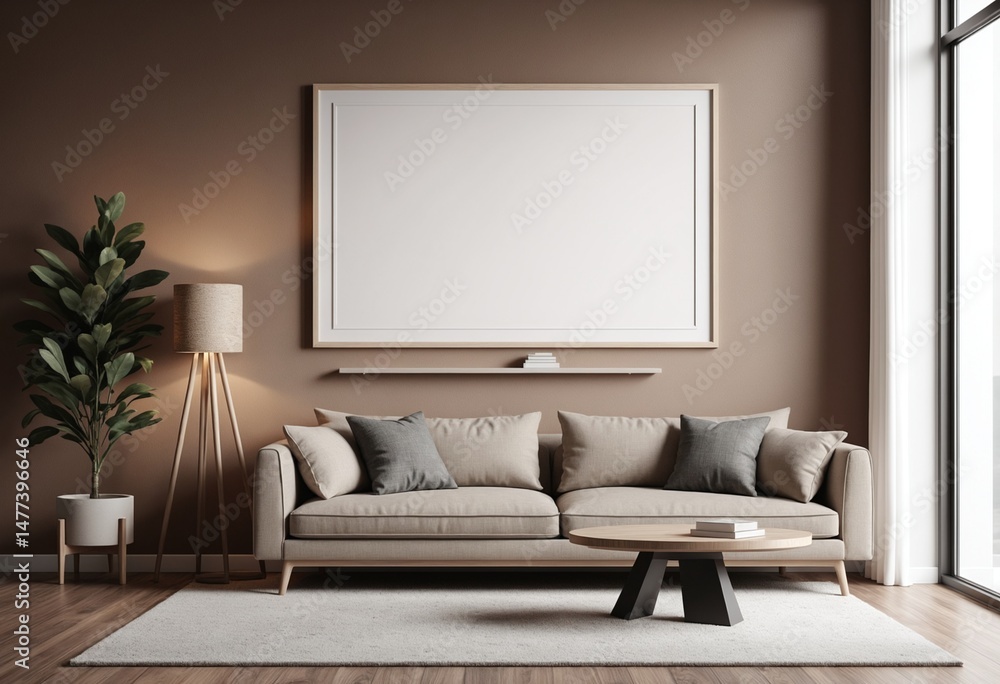 Fototapeta premium Minimalist mockup with a blank framed poster on brown wall and modern furniture in neutral tones