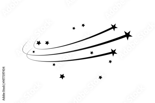 Minimalist black shooting star with dynamic tail on white background – abstract celestial object in motion
