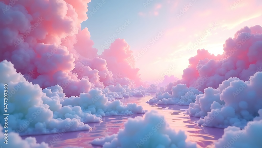 Fototapeta premium Dreamlike Pink and White Cloudscape Surreal Sunset over a Cloud Sea