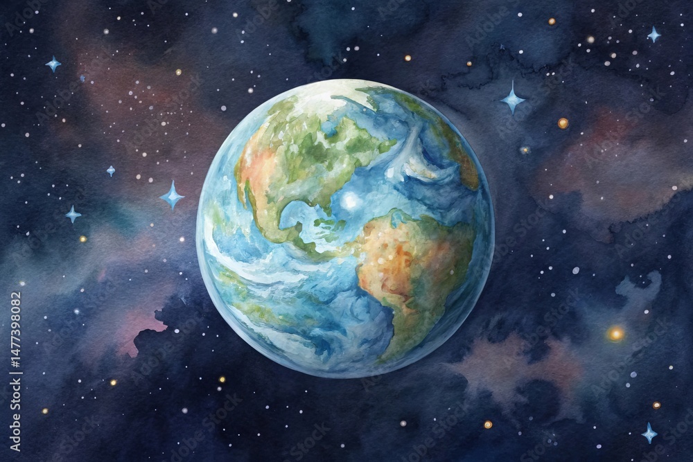 Obraz premium Watercolor painting of planet Earth floating in deep space A watercolor depiction of Earth surrounded by stars in a cosmic backdrop.