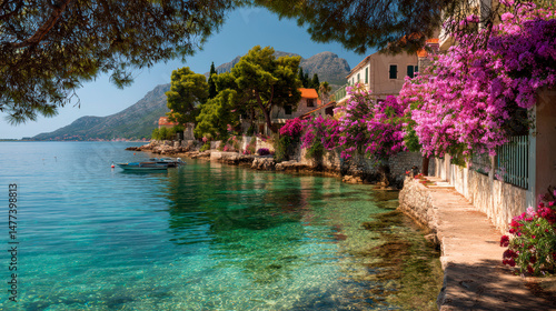 Fototapeta Naklejka Na Ścianę i Meble -  Sea coast in Croatia with flowers and trees. Summer vacation and travel