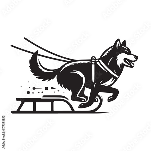 Dog Sledding  Silhouette line art vector illustration on white background