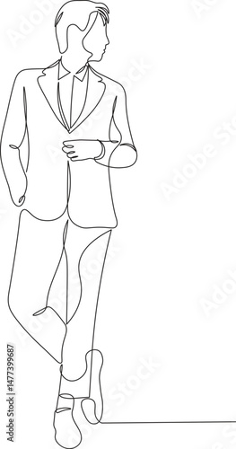 Business man standing in cool style sketch in one continuous line. Drawing style. Cool male model in minimalist black lines isolated on white background. Vector illustration