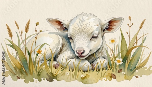 a soft watercolor sketch of a sleeping baby lamb in spring grass, using a light and breezy watercolor style, with soft cream and light olive tones, on textured paper, delicate lines, fuzzy edges