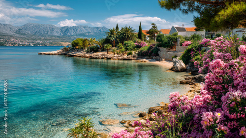 Fototapeta Naklejka Na Ścianę i Meble -  Sea coast in Croatia with flowers and trees. Summer vacation and travel