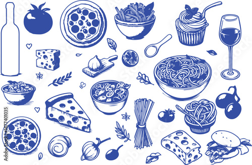 Hand drawn italian food set. Mediterranean lunch and dinner doodle icons. Pasta, olive, pizza, cheese, tomato, lemon, . Dolce vita aesthetics. Perfect for print, design menu, sticker vector.eps