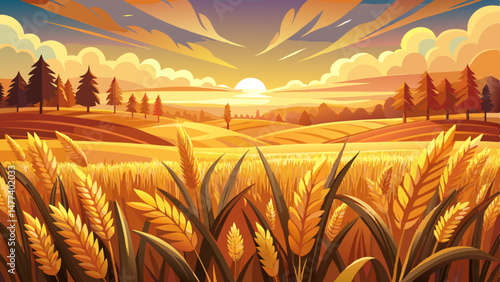 Golden wheat field and sunset sky, landscape of agricultural grain crops in harvest season, panorama
