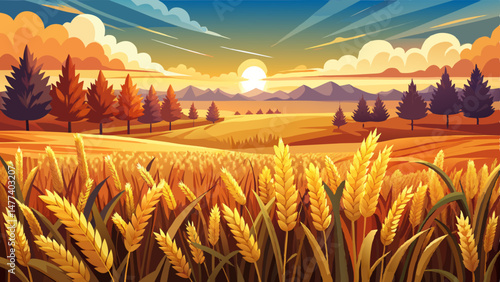 Golden wheat field and sunset sky, landscape of agricultural grain crops in harvest season, panorama