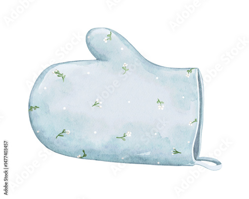 Cartoon cute cooking blue glove kitchen mitten with floral pattern for protection from heat isolated on white background. Watercolor and pencil hand drawn illustration sketch