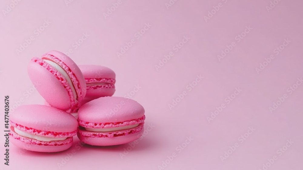 Fototapeta premium Pink Macarons Stacked on Light Pink Background for Sweet Treats Display