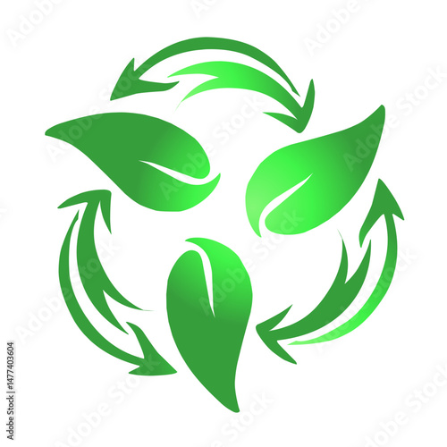 Ecological symbiosis: Green recycling symbol with leaf motifs on black field