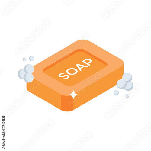 A isometric style icon showing bar soap with bubbles