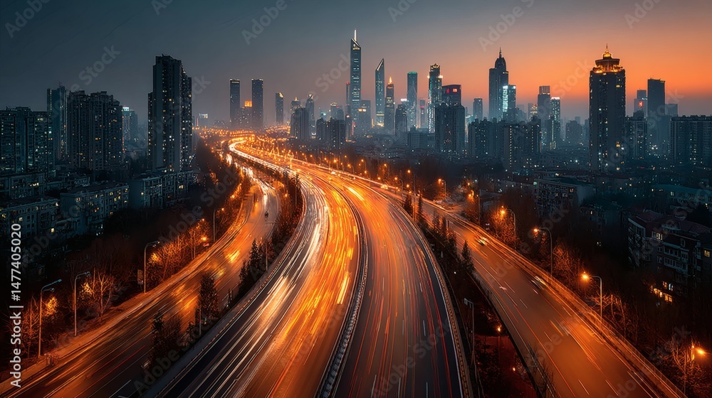 Fototapeta premium Wide city skyline at dusk with advanced infrastructure and radiant light trails from hovering vehicles 