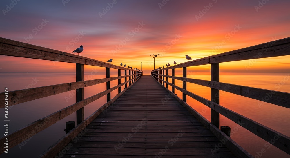 Fototapeta premium Wooden Pier with Seagulls at Scenic Sunset
