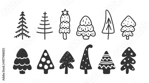 Cute vector Christmas trees set on white background. Doodle hand drawn stylized spruce, childish textured fir, pine line and silhouette icons collection. New Year symbol for print, web, winter decor.