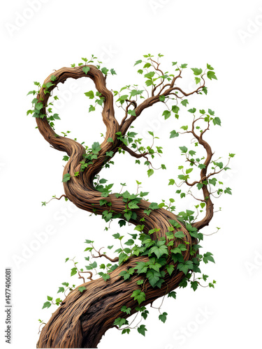 Twisted tree branch with lush green ivy.