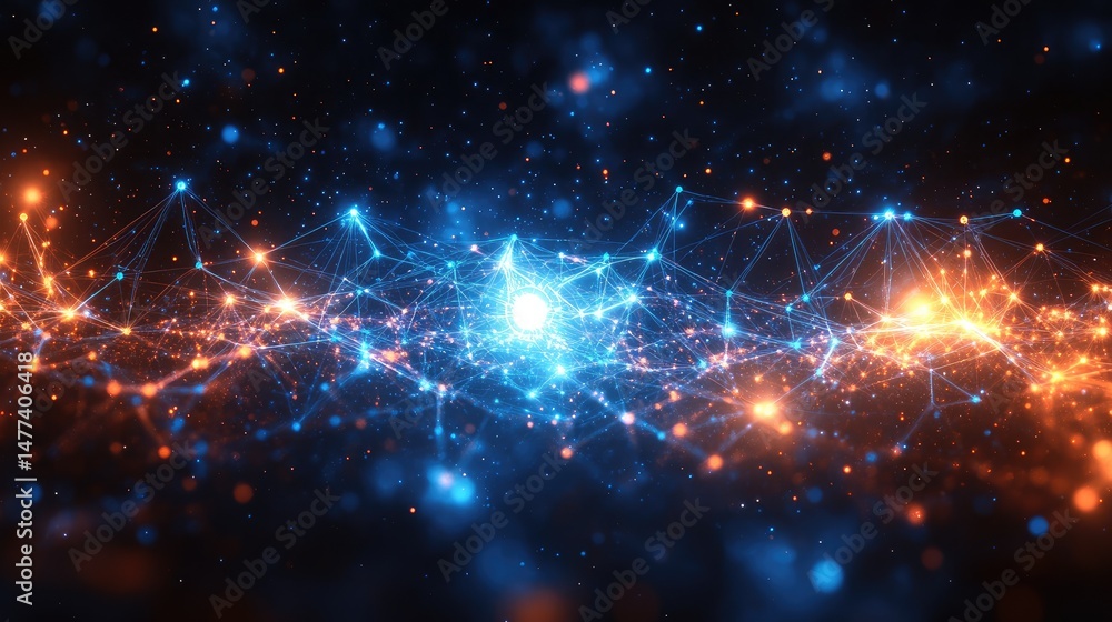 Obraz premium Abstract network connection, glowing nodes, dark background, digital data visualization