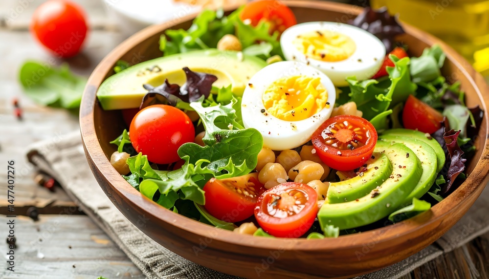 Colorful healthy salad bowl with mixed greens, cherry tomatoes, avocado slices, boiled eggs Colorful healthy salad bowl with mixed greens, cherry tomatoes, avocado slices, boiled eggs