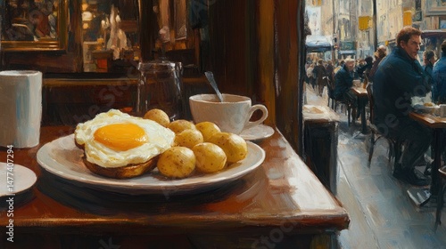 A plate featuring Eggs Benedict, consisting of toasted English muffins topped with poached eggs and drizzled with creamy hollandaise sauce.