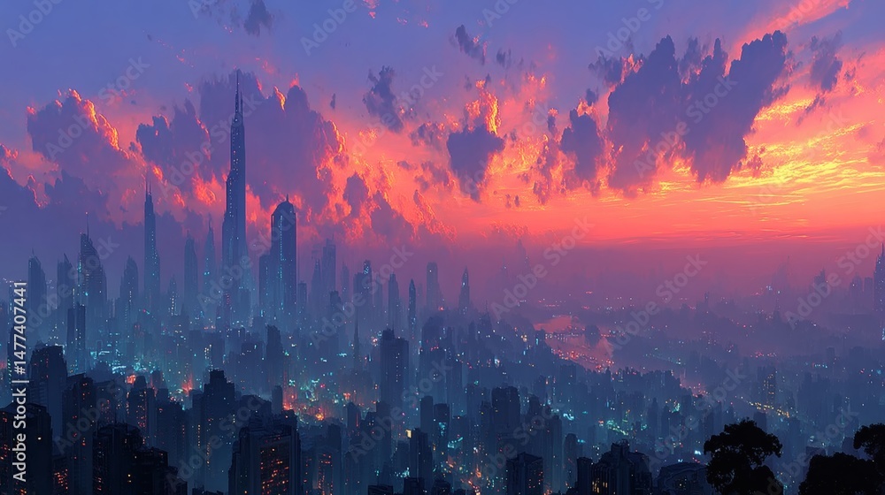 Fototapeta premium High-tech urban landscape featuring neon-lit skyscrapers stretching into a darkening dusk sky 