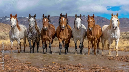 Majestic Horses Standing in Line near Water Under Clouds