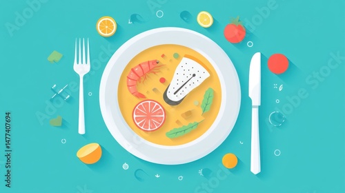 Colorful illustration of a seafood soup dish.