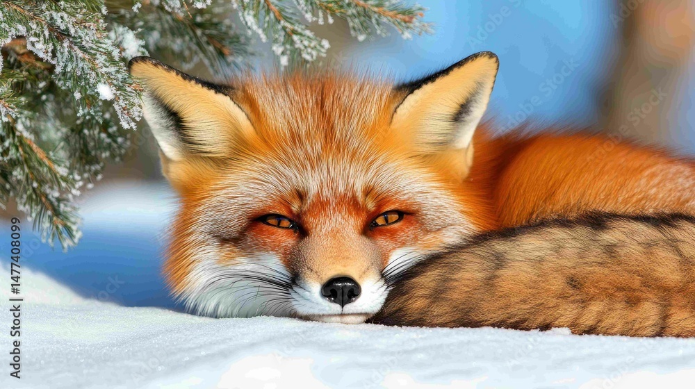 Fototapeta premium Close-up of a Relaxed Red Fox in Winter Snowy Landscape