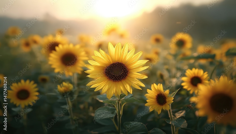 Obraz premium Sunflowers in bloom bask in warm sunlight in a peaceful field, creating a vibrant and lively summer scene.
