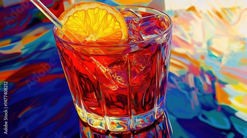 Close-up of a vibrant red cocktail served in a clear glass filled with ice, topped with a dried orange slice and two black straws.
