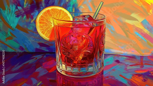 Close-up of a vibrant red cocktail served in a clear glass filled with ice, topped with a dried orange slice and two black straws.