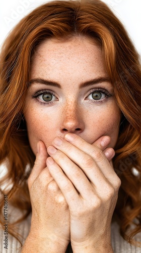 Woman with red hair and freckles covers her mouth with her hands in a close-up.
