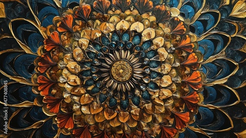 Intricate, decorative, circular design, vibrant colors, and golden accents.