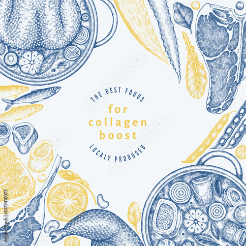 Collagen Diet Design Template. Vector Hand Drawn Healthy Food Banner. Vintage Style Collagen Bust  Menu Illustration.